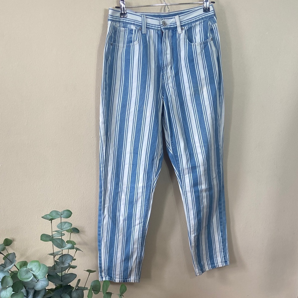 American Eagle Striped High Rise Mom Jeans Blue White Cotton Ankle Womens 6